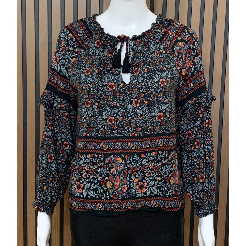 American Eagle Women's Floral Paisley Peasant Blouse Tassel Tie XS Boho Classic